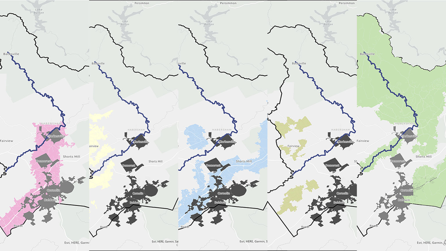 A combination of color-coded map overlays showing development concerns in Habersham County.